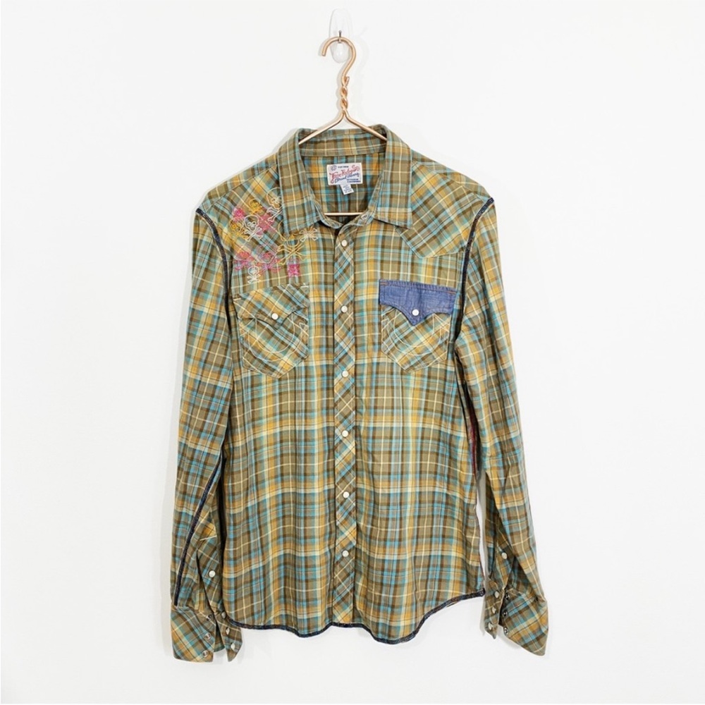 True Religion Mens XL Western Pearl Snap Button Down Shirt Embroidered Skulls